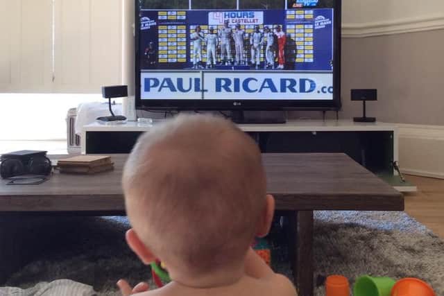 10-month-old Callum Hoy watching dad Chris winning Le Mans. Picture: Twitter/SarraHoy