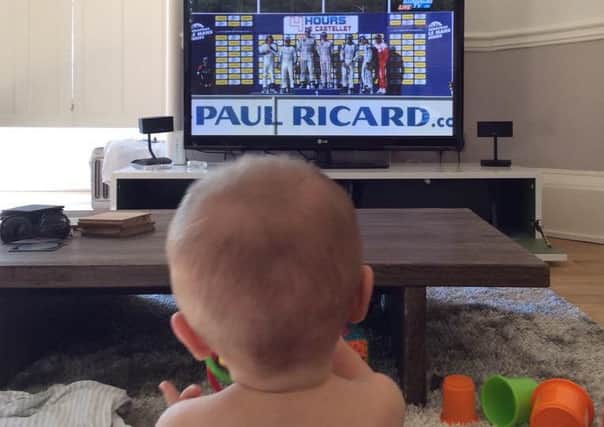 10-month-old Callum Hoy watching dad Chris winning Le Mans. Picture: Twitter/SarraHoy