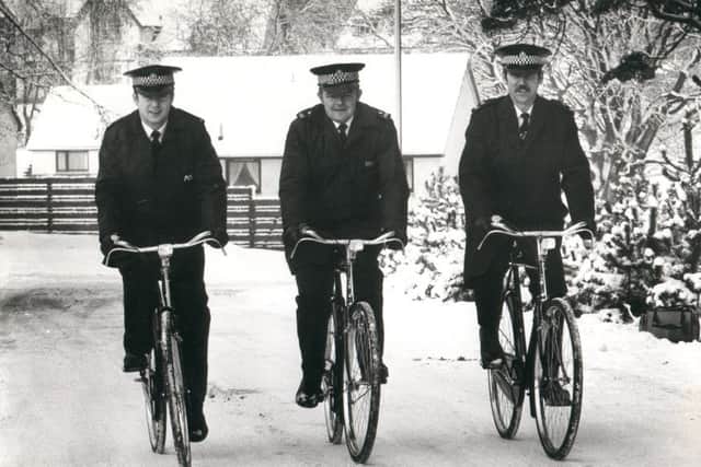 Three Lothian and Borders policemen on their bikes in 1984. Picture: TSPL