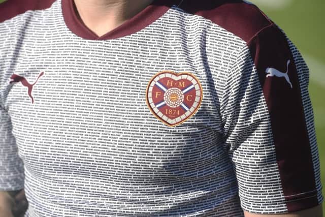 Hearts third kit has the names of all the Foundation of Hearts members who pledged to make a monthly contribution. Picture: Greg Macvean