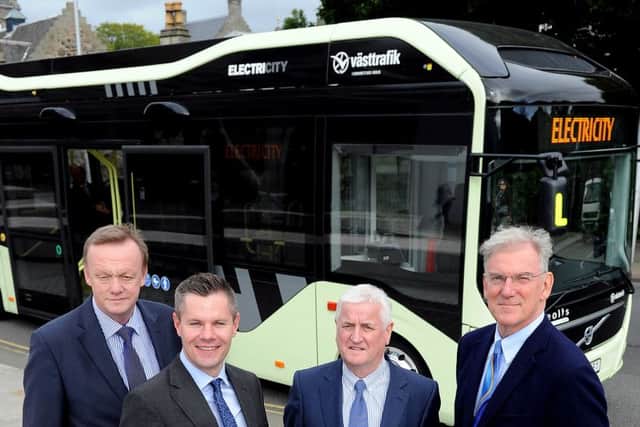 From left, Lothian Buses Bill Devlin, transport minister Derek Mackay, Jim McFarlane of Lothian Buses and Adrian Wickens of Volvo launch the new buses. Picture: Lisa Ferguson