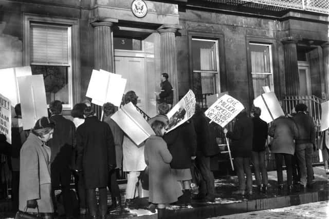 Edinburgh University students march to the US Consulate at 3 Regent Terrace in Edinburgh to protest against the Vietnam war, November 1965.
