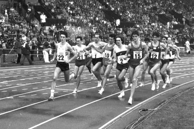 Steve Ovett is jostled by the other competitors in the men's 1 mile race of the Dairy Crest Games at Meadowbank, July 1985.
