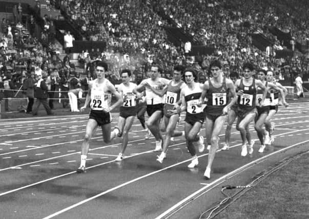 Steve Ovett is jostled by the other competitors in the men's 1 mile race of the Dairy Crest Games at Meadowbank, July 1985.