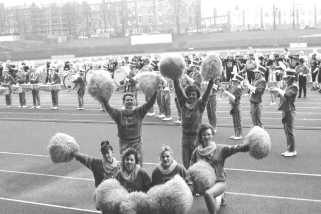 The Edinburgh Eagles American football team cheerleaders The Bluebirds at Meadowbank stadium in April 1987.