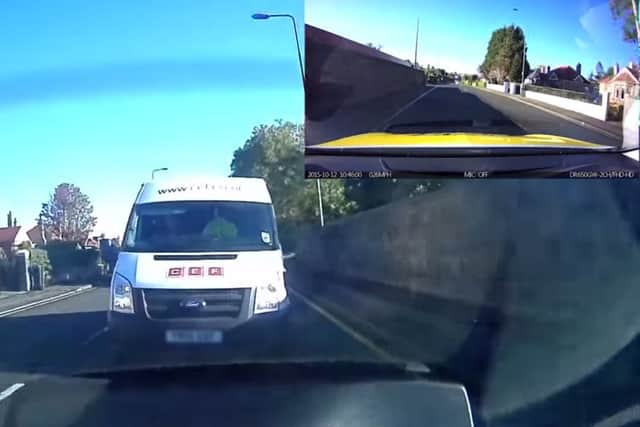 The van driver repeatedly pulled up close to the car's rear bumper.