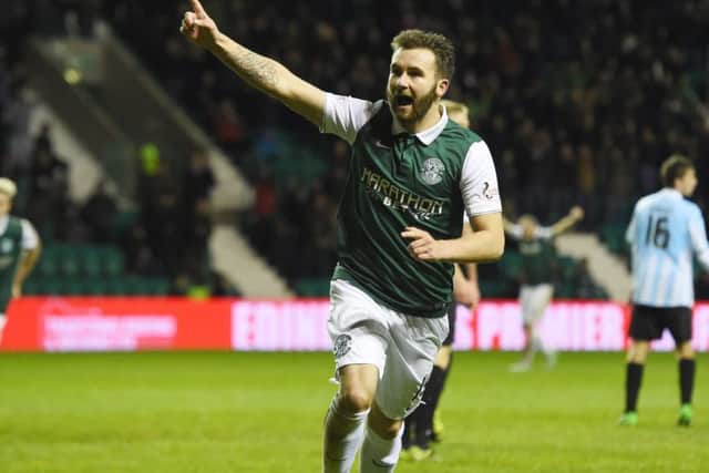 James Keatings of Hibs celebrates after giving his side the lead. Picture: SNS
