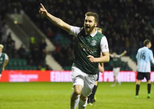 James Keatings of Hibs celebrates after giving his side the lead. Picture: SNS