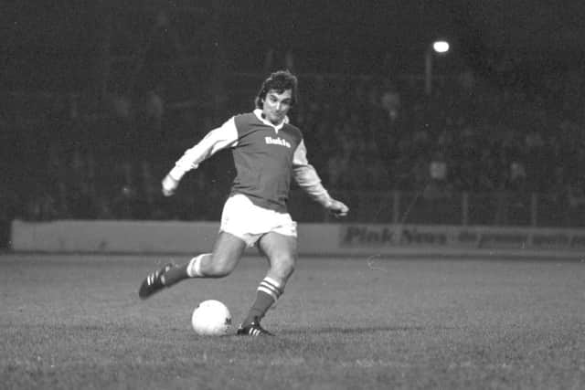 George Best plays the ball during the Hibs v Partick Thistle match at Easter Road in December 1979. Picture: Hamish Campbell