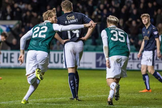Henri Anier celebrates Hibs' equaliser. Picture: Ian Georgeson