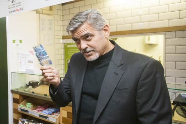 George Clooney visit's Social Bite sandwich shop in Edinburgh.