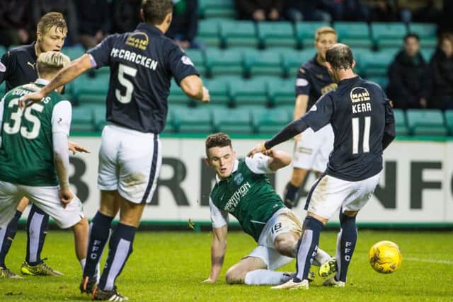 John McGinn's challenge on Mark Kerr has been downgraded to a yellow card. Pic: Ian Georgeson