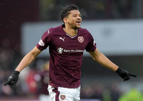Osman Sow celebrates his goal in the 6-0 triumph over Motherwell. Pic: SNS