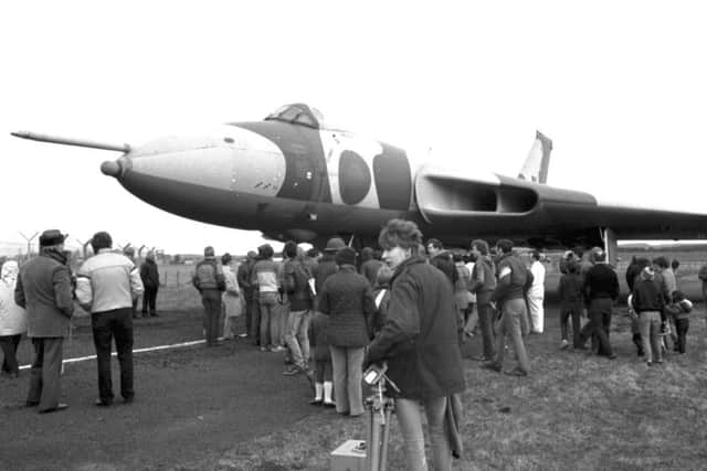 A Vulcan B2 bomber, used during the Falklands conflict makes its last landing to join the collection at East Fortune's Museum of Flight in April 1984. Picture: TSPL