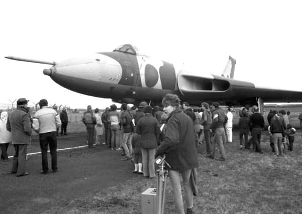 A Vulcan B2 bomber, used during the Falklands conflict makes its last landing to join the collection at East Fortune's Museum of Flight in April 1984. Picture: TSPL