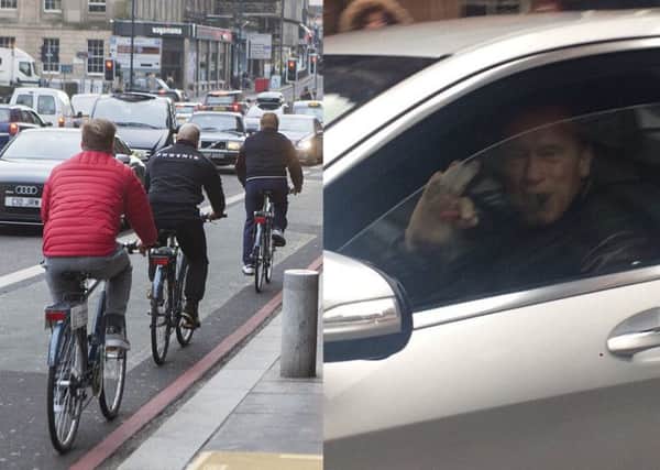 Breaking the law? He cycles the wrong way up Lothian Road, and then smokes in his car.