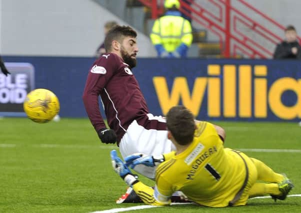 Juanma almost clinched the points for Hearts at the death. Pic: Ian Rutherford