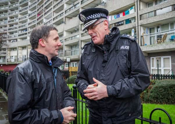 Chief Constable Phil Gormley and Justice Secretary Michael Matheson visit the Banana Flats in Leith. Picture: Scott Taylor
