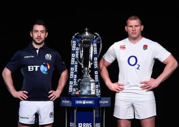 Scotland captain Greig Laidlaw and his English counterpart Dylan Hartley line up at the launch of this years RBS Six Nations Championship