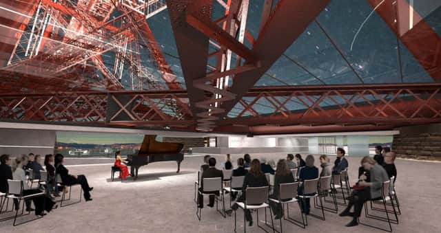 An artist's impression of the visitor centre foyer under the Fife cantilever, released by Network Rail in 2014. The initial plans included  a lift taking tourists to the top of the rail bridge