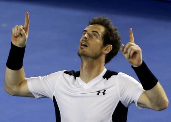 Andy Murray celebrates after reaching the final of the Australian Open. Picture: AP