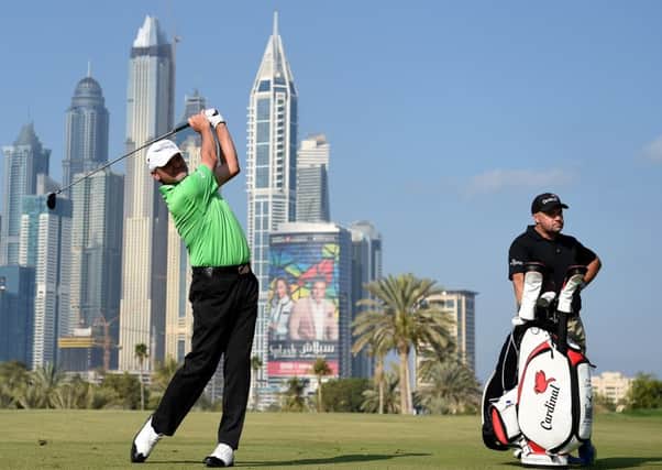 Paul Lawrie during a practice round prior to the Omega Dubai Desert Classic on the Majlis course at the Emirates Golf Club
