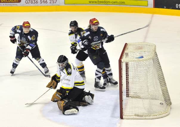 Trevor Gerling, nearest to the net, scores for Capitals in a game of 22 goals at Murrayfield. Picture: Jan Orkisz/SMP