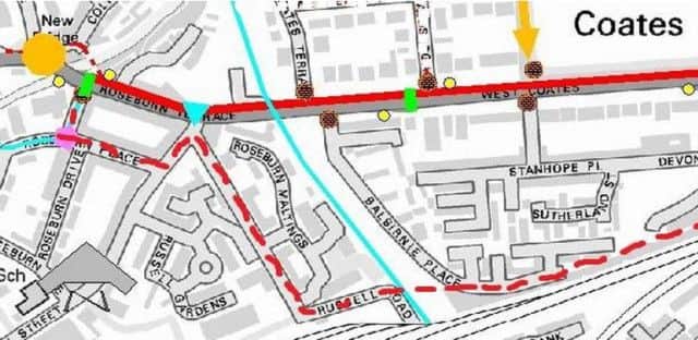 The proposed route (unbroken red line). The dotted red line is National Cycle Route 1, and the yellow arrows are proposed one-way streets.