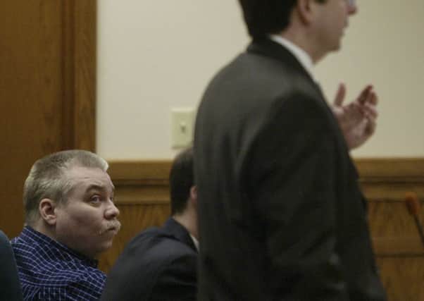 Steven Avery, left, listens to his defence attorney Dean Strang in the courtroom. Picture: AP/Bruce Halmo