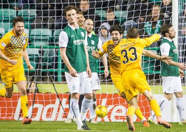 Morton celebrate Thomas O'Ware's opening goal at Easter Road. Pic: Ian Georgeson