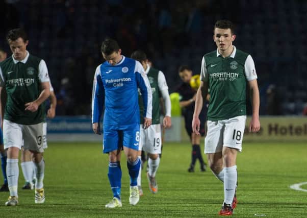 Liam Henderson and John McGinn trudge off after the 1-0 loss in Dumfries  Hibs' third in a row
