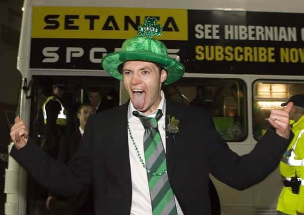 Ivan Sproule, with his leprechaun hat, after Hibs' League Cup triumph in 2007. Pic: SNS
