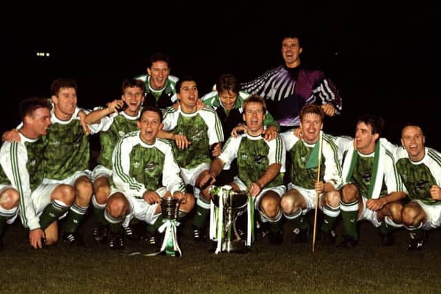 The Hibs team line up after winning the Skol Cup in 1991