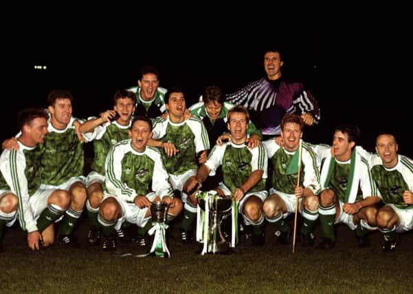 The Hibs team line up after winning the Skol Cup in 1991