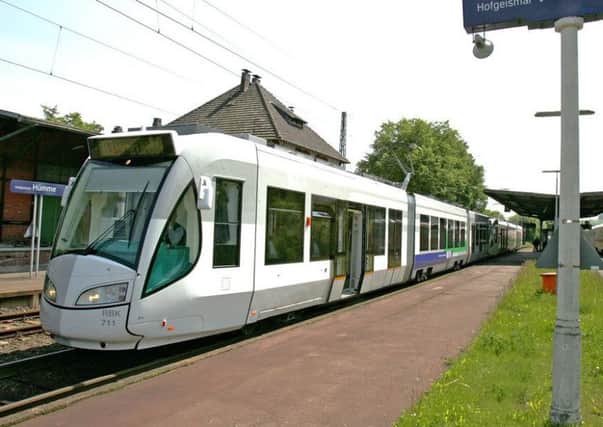 A tram train in operation in Europe