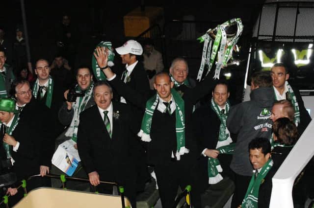 The Hibs team celebrate after winning the cup in 2007. Picture: John Savage.