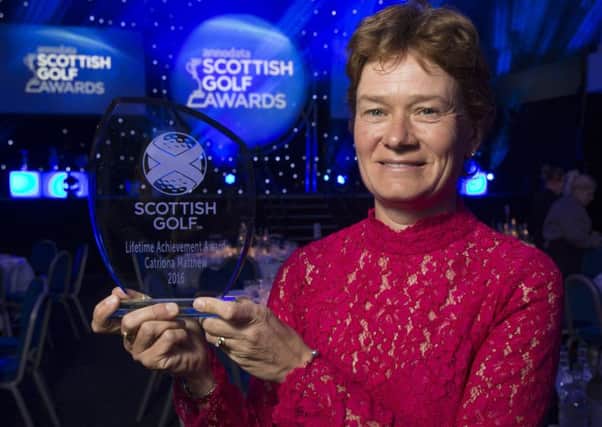 Catriona Matthew with her Lifetime Achievement Award which she received at the Annodata Scottish Golf Award. Picture: Kenny Smith