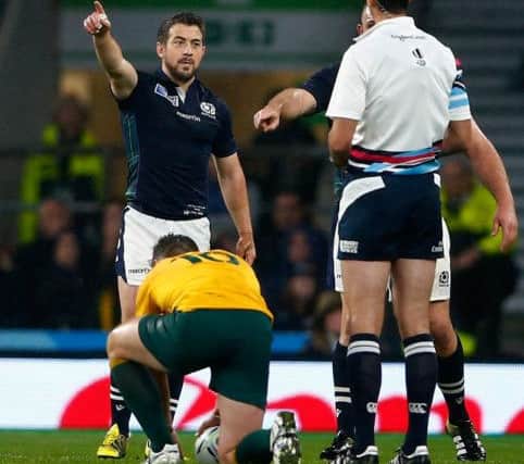 LONDON, ENGLAND - OCTOBER 18:  Greig Laidlaw of Scotland talks to referee Craig Joubert after he awarded Australia a late match winning penalty during the 2015 Rugby World Cup Quarter Final match between Australia and Scotland at Twickenham Stadium on October 18, 2015 in London, United Kingdom.  (Photo by Shaun Botterill/Getty Images)