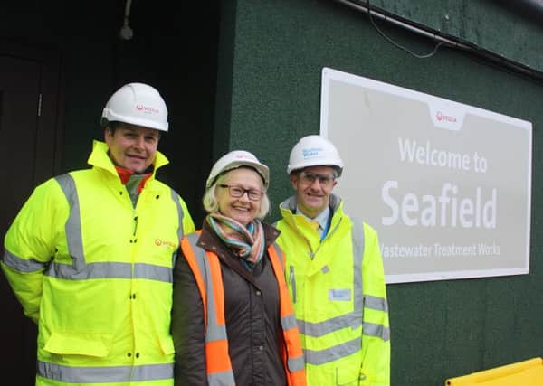 Edinburgh Makar Christine De Luca at Seafield Treatment Works. with Scott Mitchell (Veolia Unit Controller at Seafield) on left and John Telfer (Scottish Water) on right. Picture: contributed