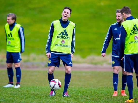 Liam Smith, centre, one of several Hearts players on Scotland Under-21 duty. Pic: SNS