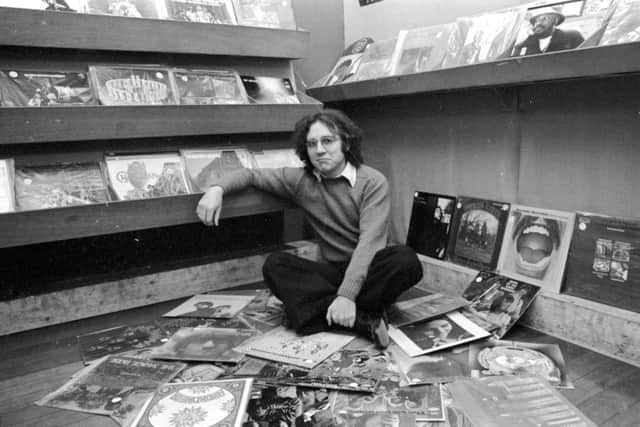 Bruce Findlay inside his record shop in Edinburgh, 1969.