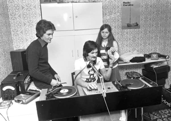Radio Telstar broadcasting from Edinburgh in July 1978. From left, Iain Swanston, Tom Wilson and Caroline Allen. Picture: Denis Straughan