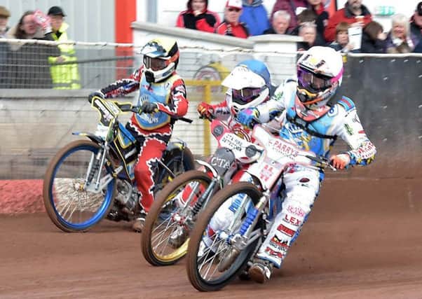 Max Clegg leads Danny Ayres and Monarchs rookie Dan Bewley in the season-opening clash. Picture: Ron MacNeill