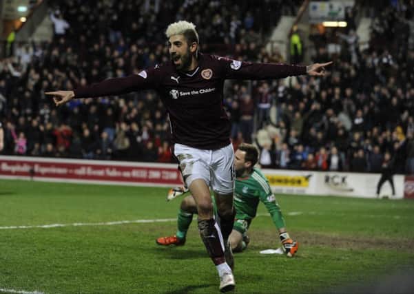 Juanma celebrates scoring Hearts' equaliser against Aberdeen: Pic: Andrew O'Brien