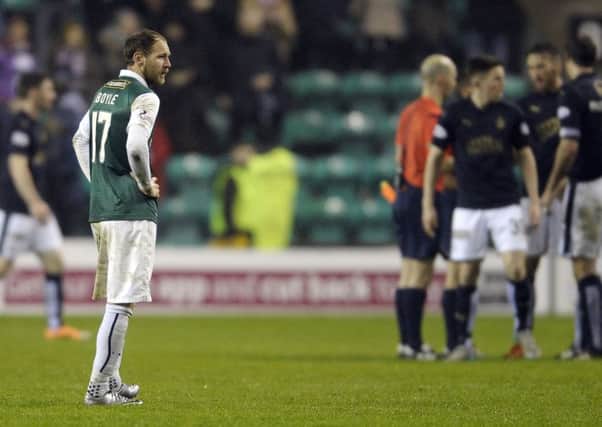 Hibs attacker Martin Boyle was stunned as his team conceded two goals in the last four minutes to draw with Falkirk at Easter Road. Pic: Neil Hanna