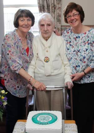 Sadie Cope celebrates her 100th birthday with friends Maureen Quinn and Monica Stafford (left)