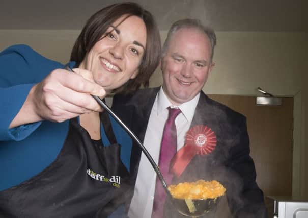 Scottish Labour leader Kezia Dugdale and Paul Martin, Labour candidate for Glasgow Provan, serve soup during their visit to Daffodil pensioners club at St George's and St Peter's Church in Glasgow, while on on the Scottish election campaign trail.  Picture: PA