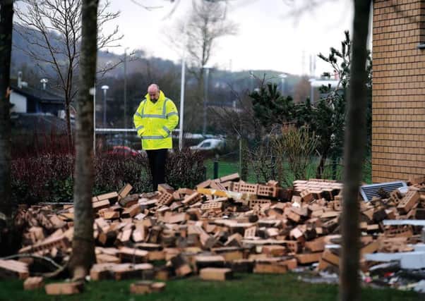 Bricks from the collapsed wall at Oxgangs Primary School in Edinburgh. Picture: Toby Williams/PA