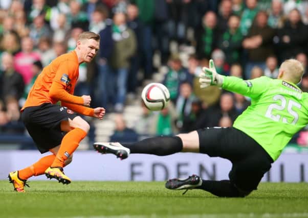 Billy McKay of Dundee United shoots at goal during the Scottish Cup semi-final between Hibernian and Dundee United. Picture: Getty Images