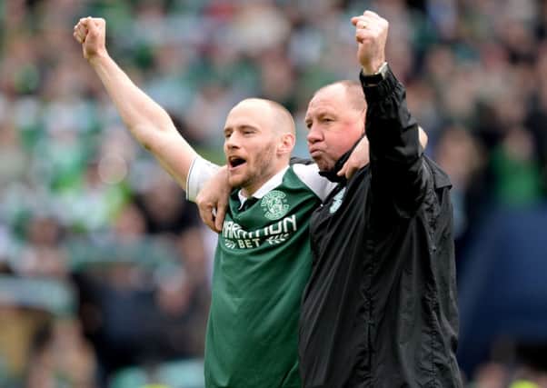 David Gray celebrates at Hampden with assistant coach Andy Holden